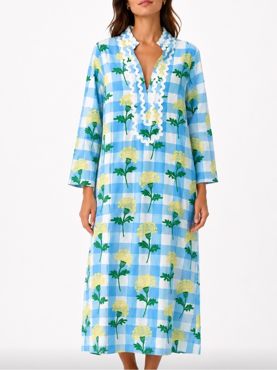 Sail to Sable Dresses & Skirts - Sail to sable NWT blue yellow white floral gingham cotton kaftan dress sz s